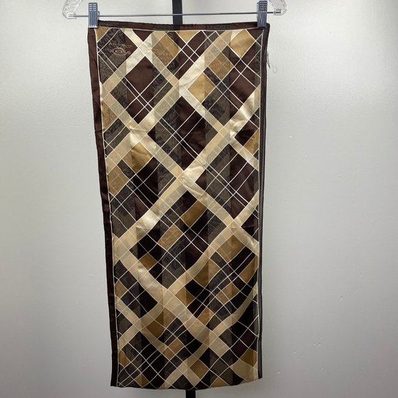 Vintage Oscar De La Renta Brown and Tan Geometric 100% Silk Scarf 62" X 13.25" - Picture 4 of 9